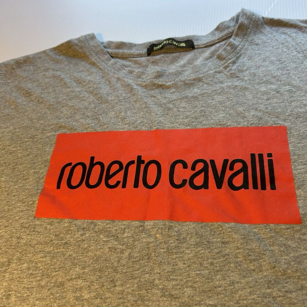 Roberto Cavalli Logo Graphic Short Sleeve Tee Large Gray T Shirt Cotton